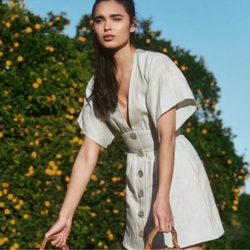 Reformation Ty Kimono Linen Abalone Shell Button Cream Mini Dress Size 10